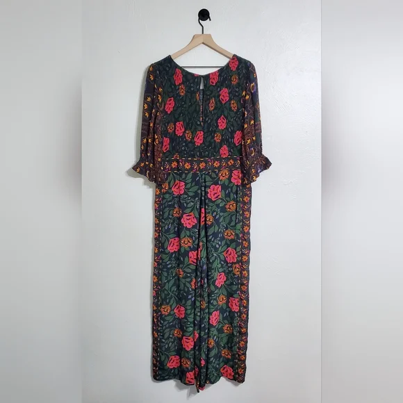 ☆SOLD☆ Farm Rio Anthropologie Smocked Jumpsuit In Black Motif Sz Extra Large - Picture 7 of 8